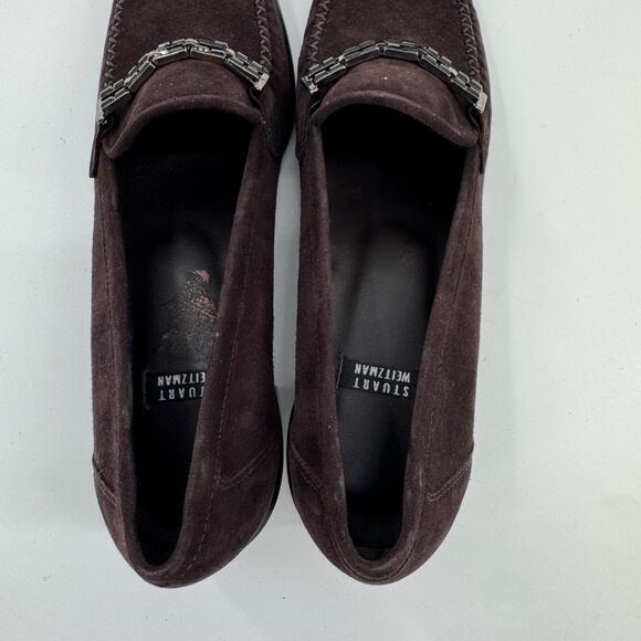 Stuart Weitzman Narrow Dark Brown Suede Loafers 7.5 AA With Chain Detail - Picture 8 of 9